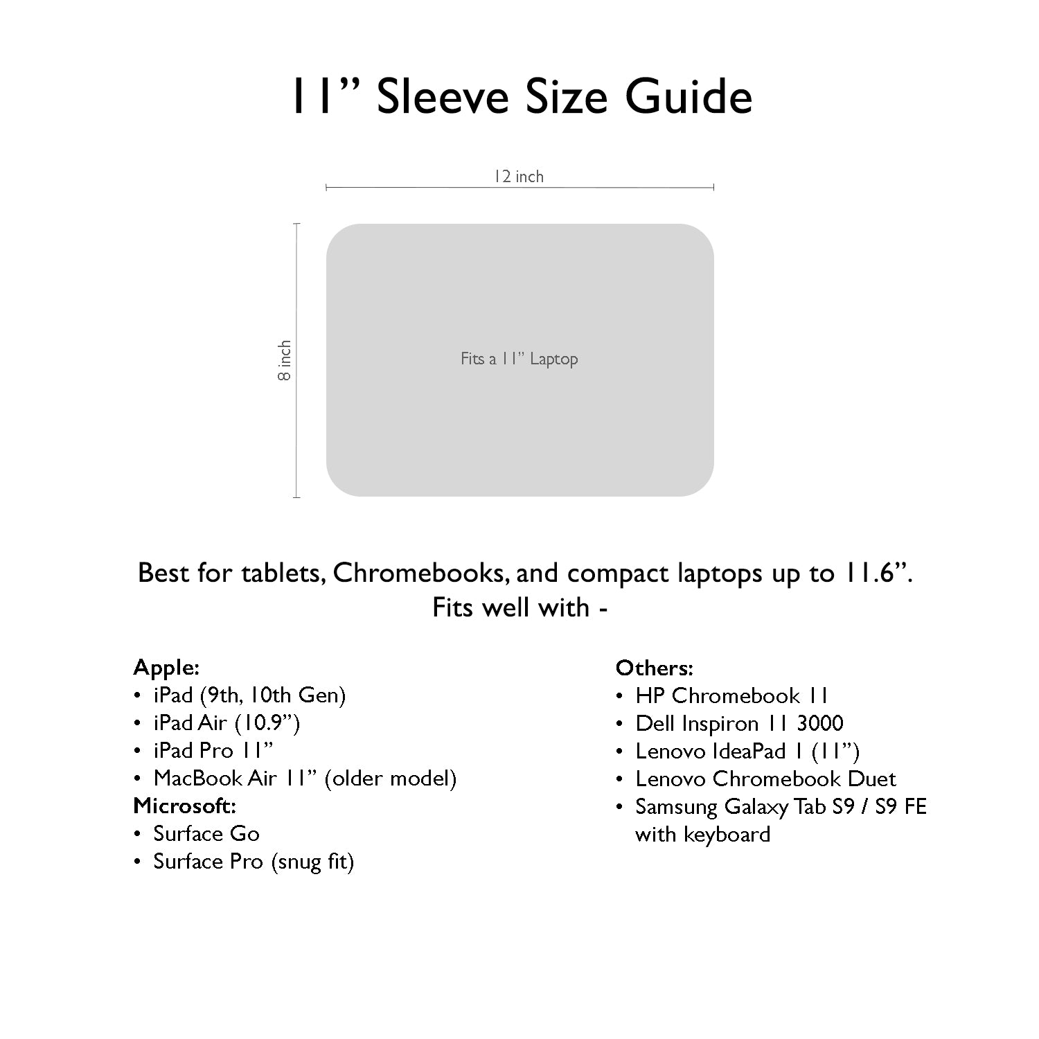 11-inch sleeve size guide with dimensions and compatibility list on a white background | GULAL