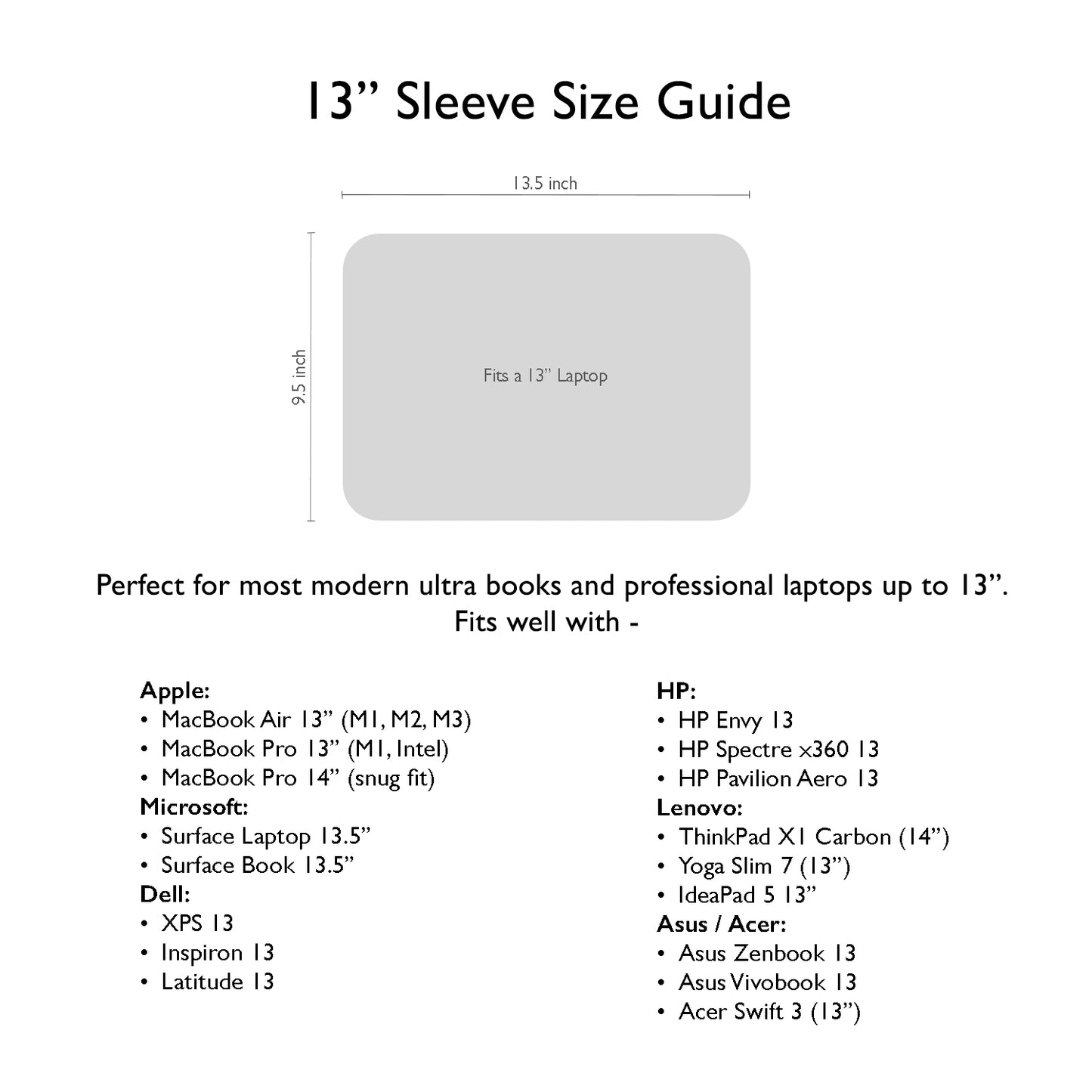13-inch sleeve size guide with dimensions and compatibility list on a white background | GULAL