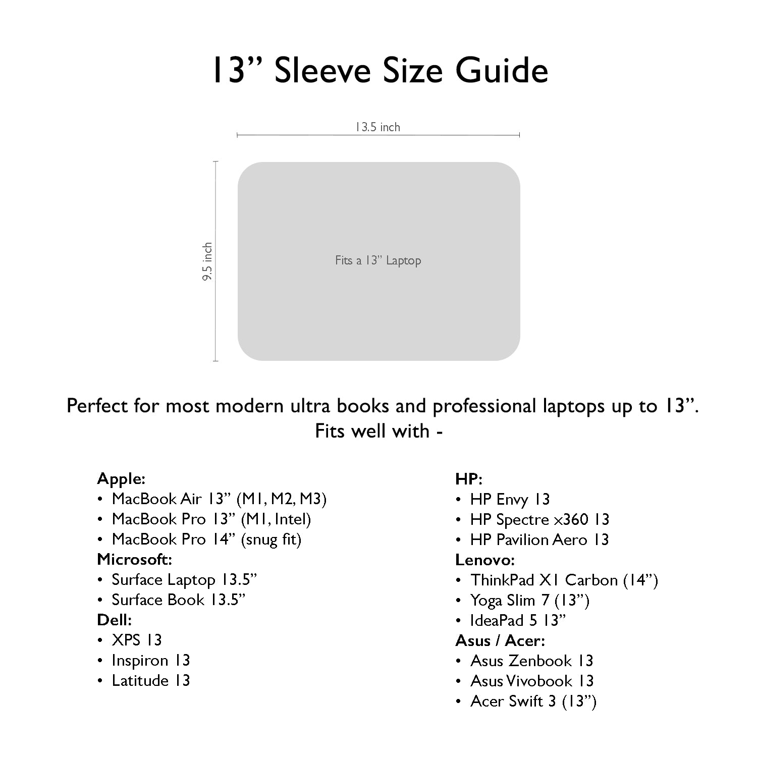 13-inch sleeve size guide with dimensions and compatibility list on a white background | GULAL