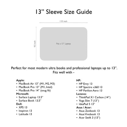 13-inch sleeve size guide with dimensions and compatibility list on a white background | GULAL