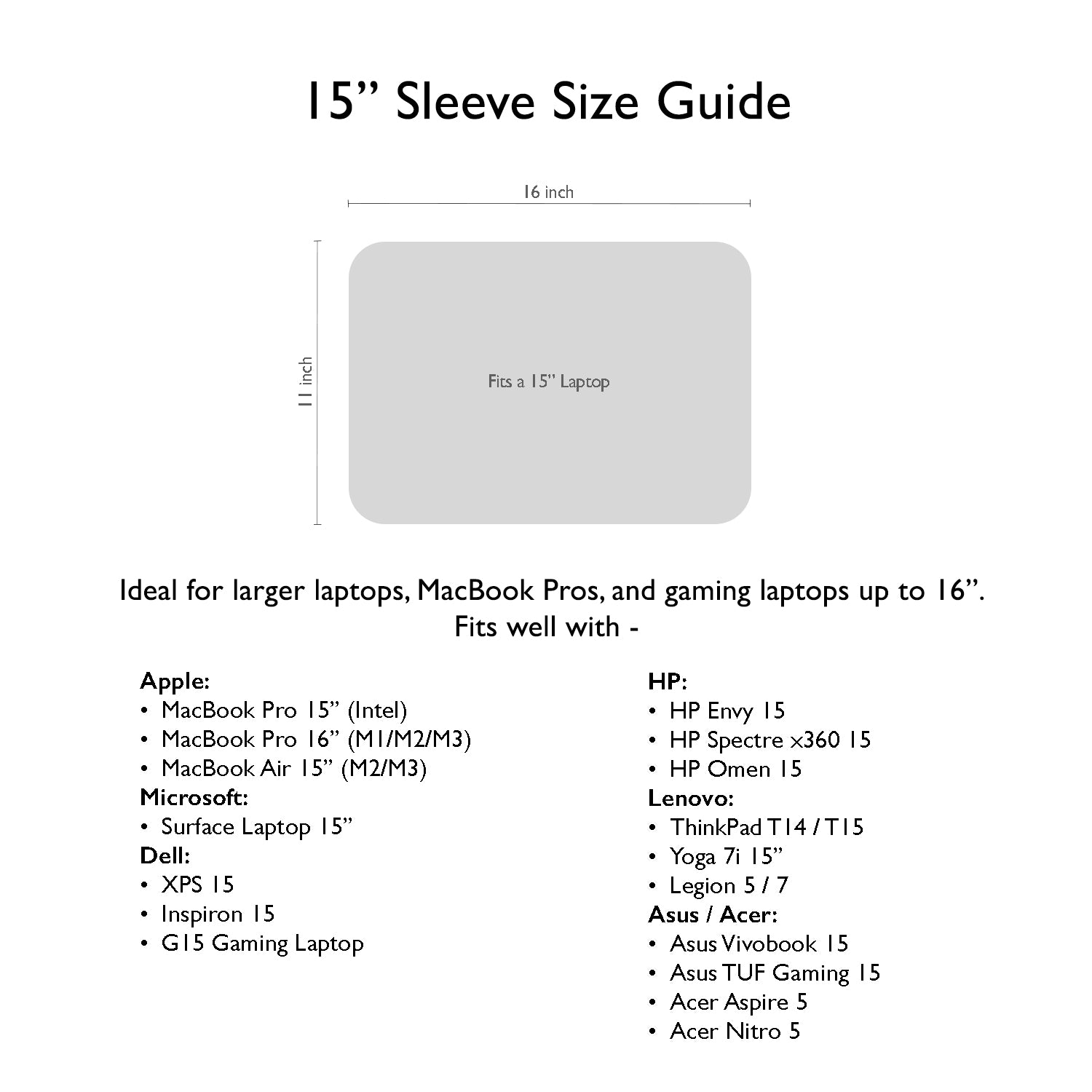 15-inch sleeve size guide with dimensions and compatibility list for laptops | GULAL