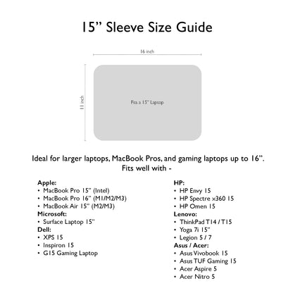 15-inch sleeve size guide with dimensions and compatibility list for laptops | GULAL